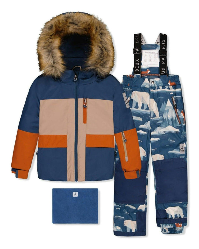 Two Piece Play Snowsuit Navy And Rust Colorblock With Blue Bear Print Pants
