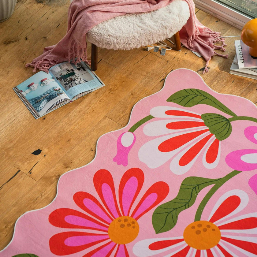 Pink Base Pink Floral Wavy Rug by Jessica Miller