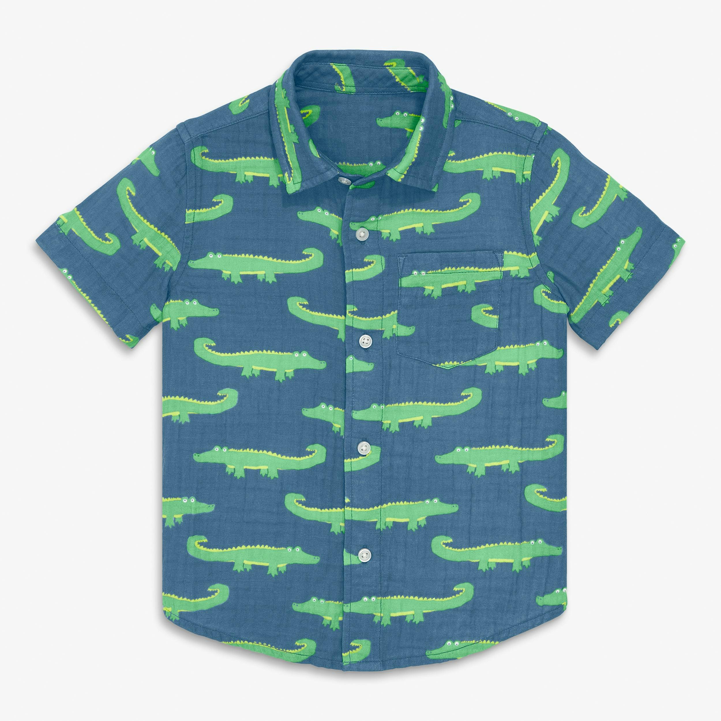 Kids cotton gauze button down in gator pals