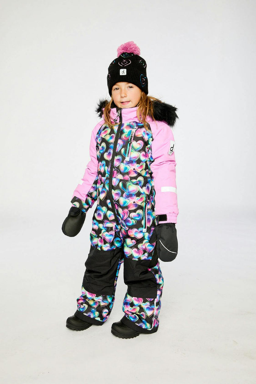 Kids One Piece Play Snowsuit Black Heart Print