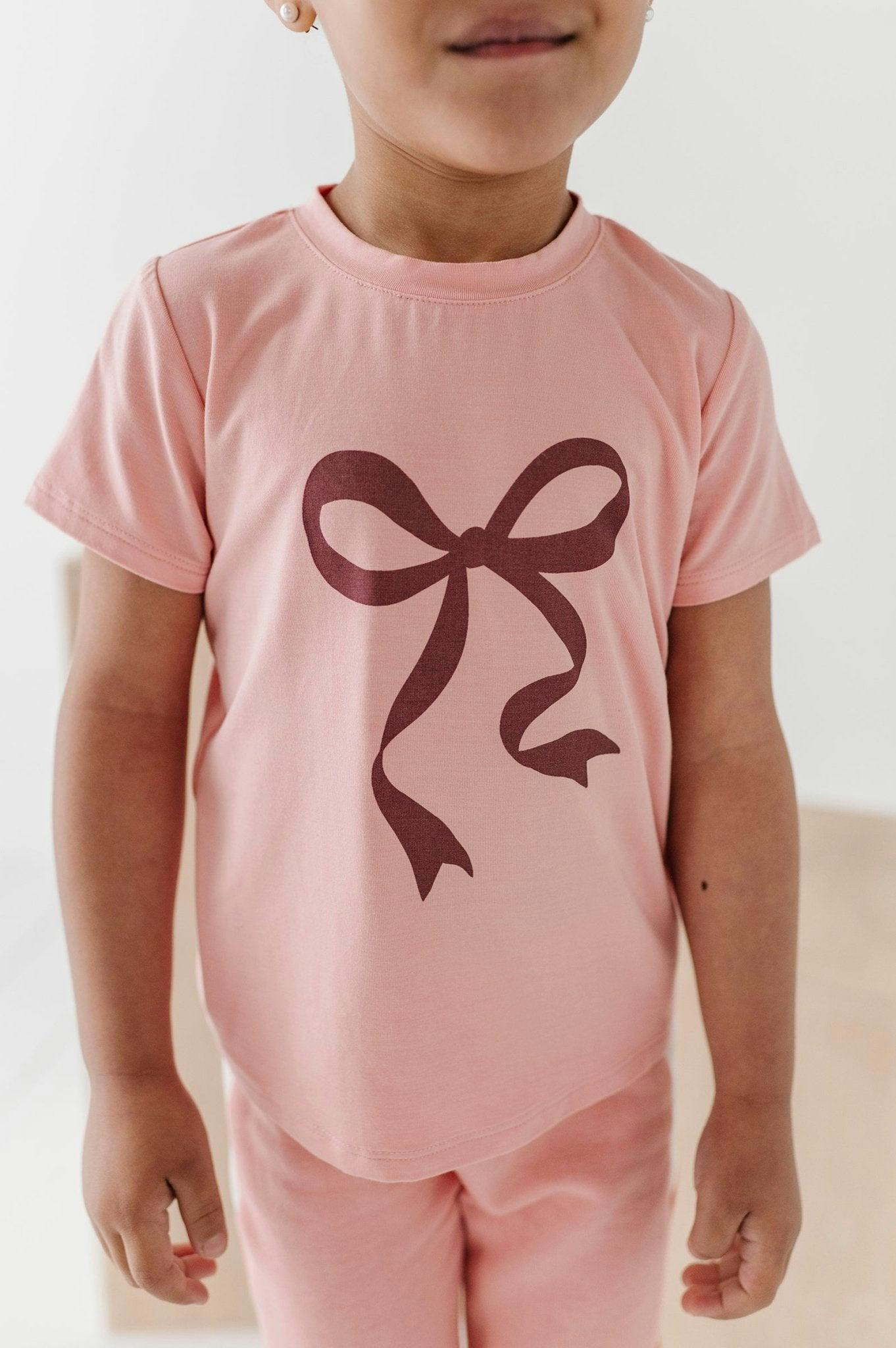 Girls Short Sleeve Tee in Bow in Rose Brown