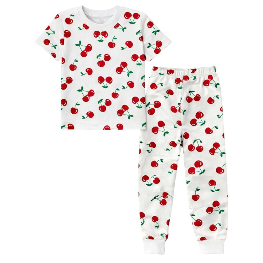 Kids and Toddlers Girls Cherries Short Sleeve Snug Fitted Soft Pajamas Set