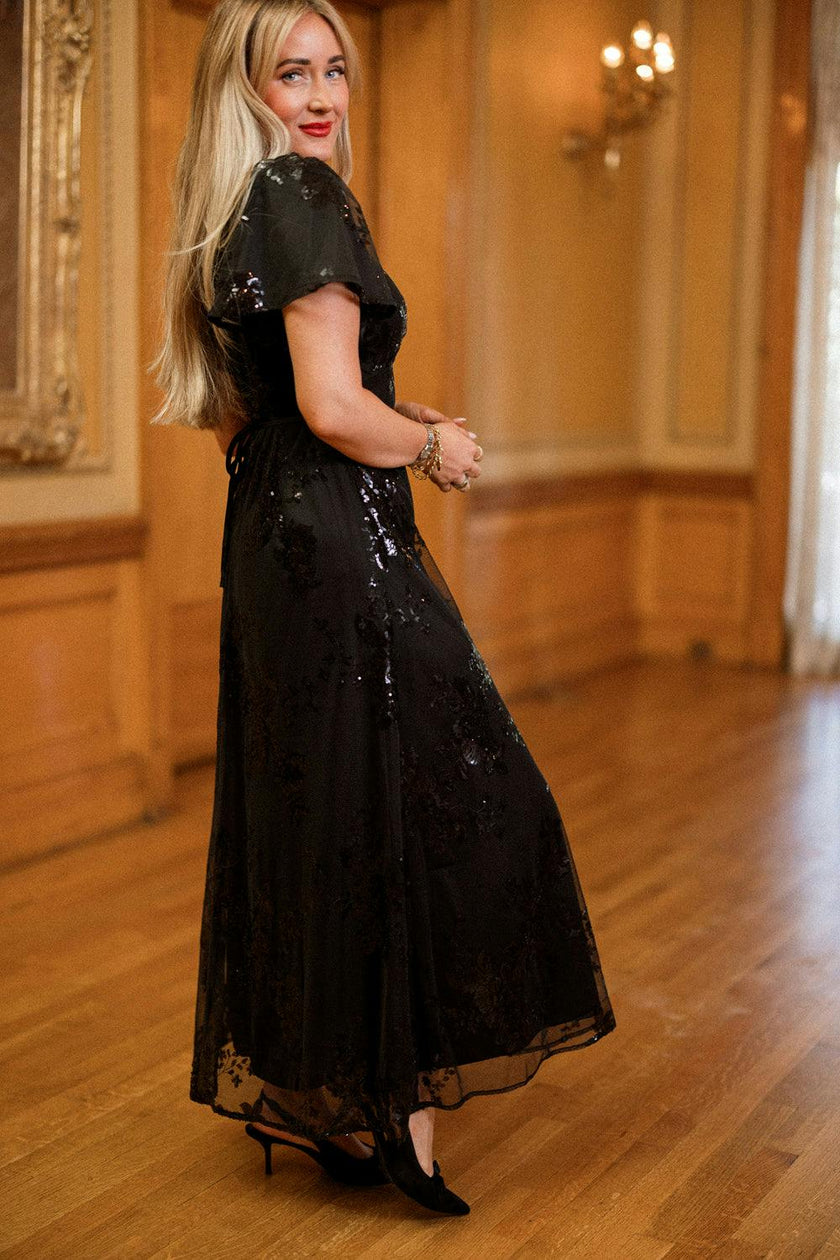 Fiona Dress in Obsidian Bloom Sequin