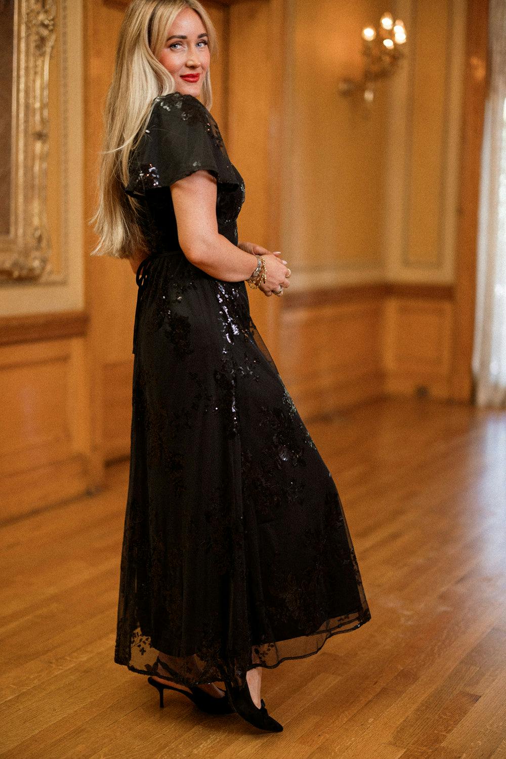 Fiona Dress in Obsidian Bloom Sequin