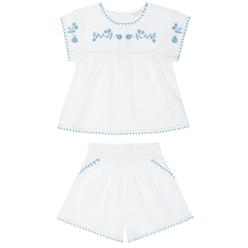 girls white embroidered cap sleeve top and short set