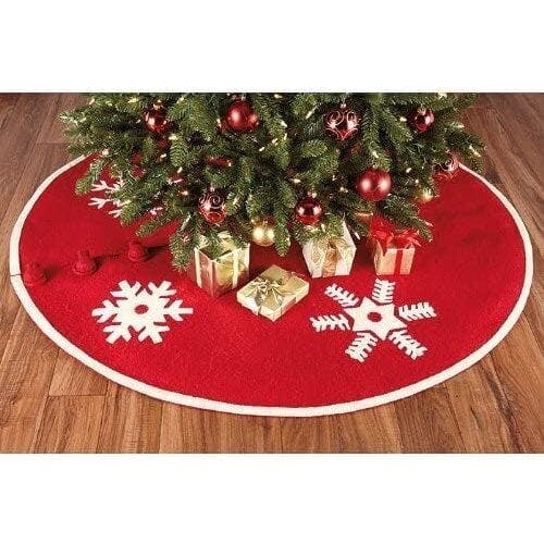 Handmade Snowflakes Red Christmas Tree Skirt Felt 60" / 72"