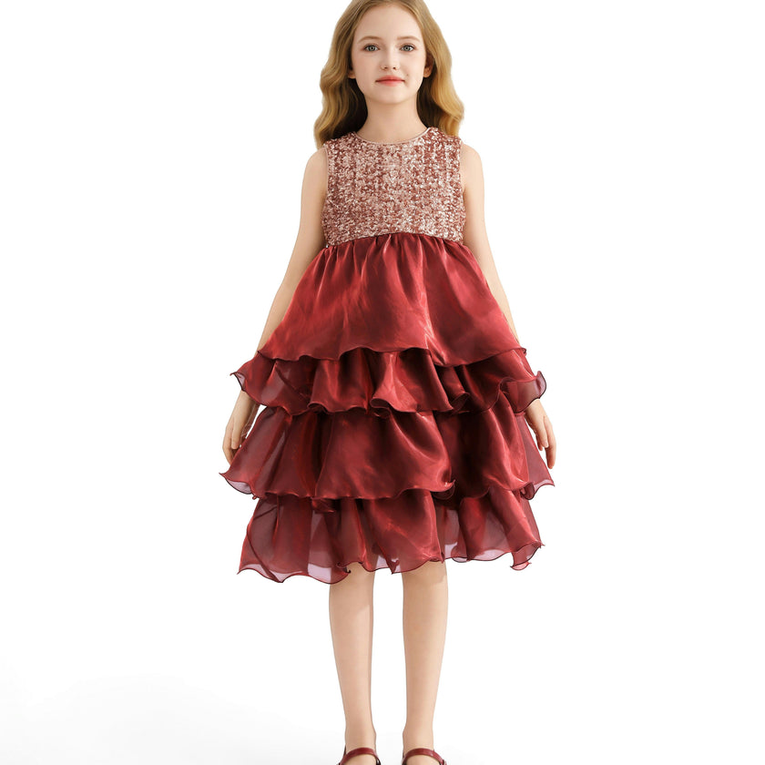 Red Tiered Satin Party Dress