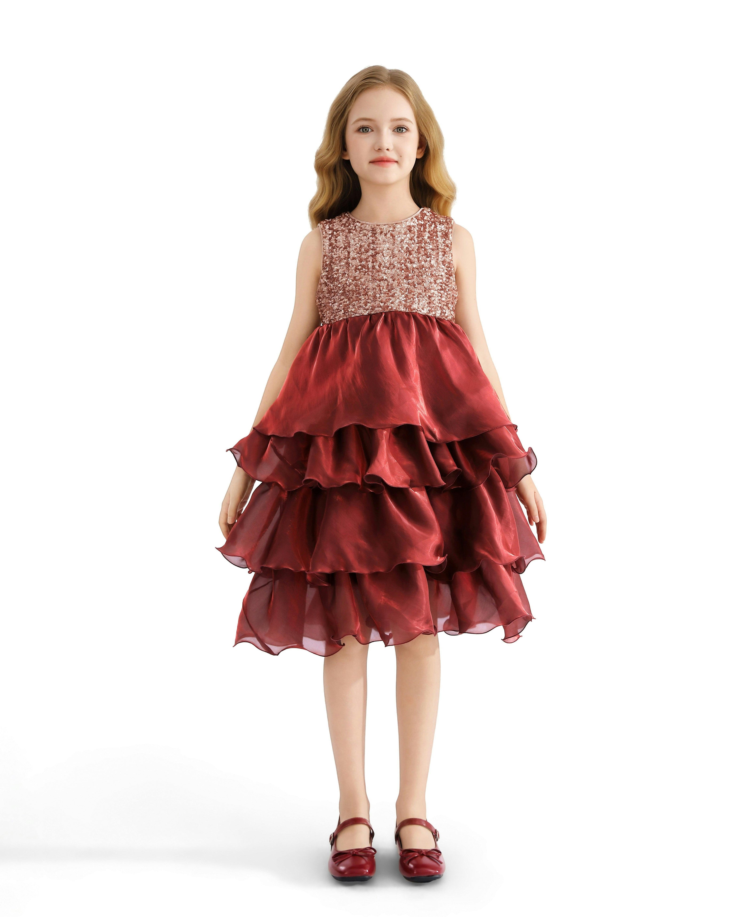 Red Tiered Satin Party Dress