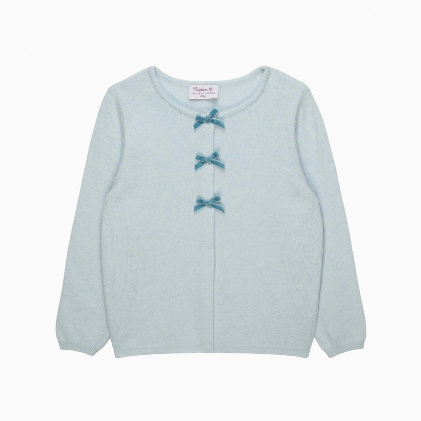 Velvet Bow Cardigan in Pale Blue