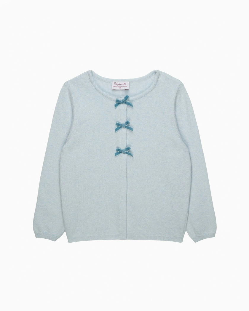 Velvet Bow Cardigan in Pale Blue