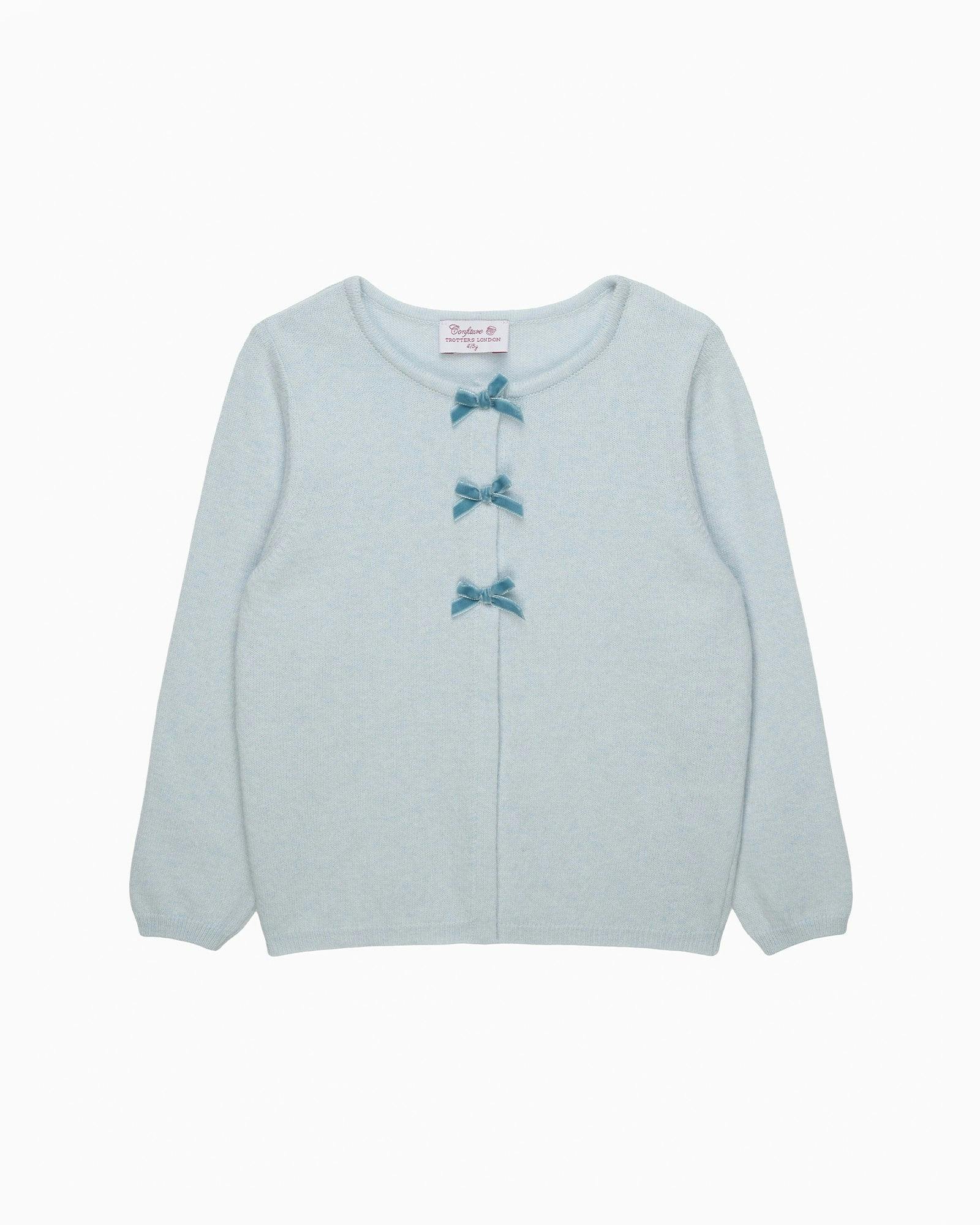Velvet Bow Cardigan in Pale Blue