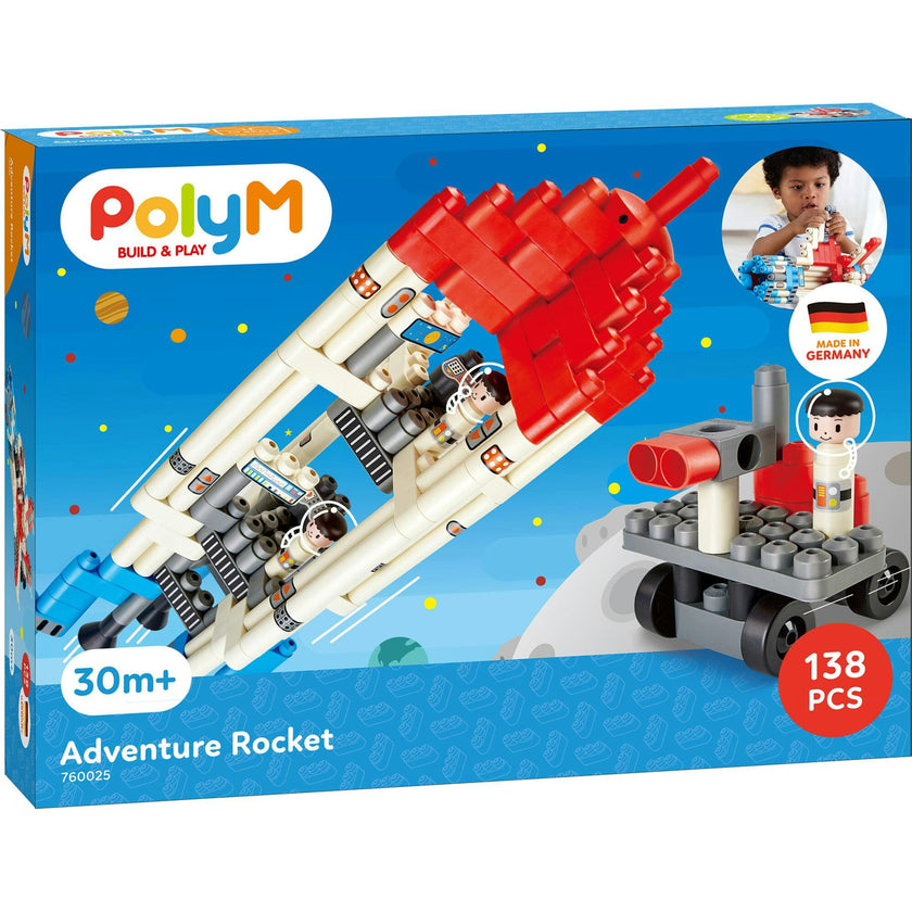 Hape: PolyM: Adventure Rocket&nbsp;- Red-Blue-White - 138pc Building Block Toy Set