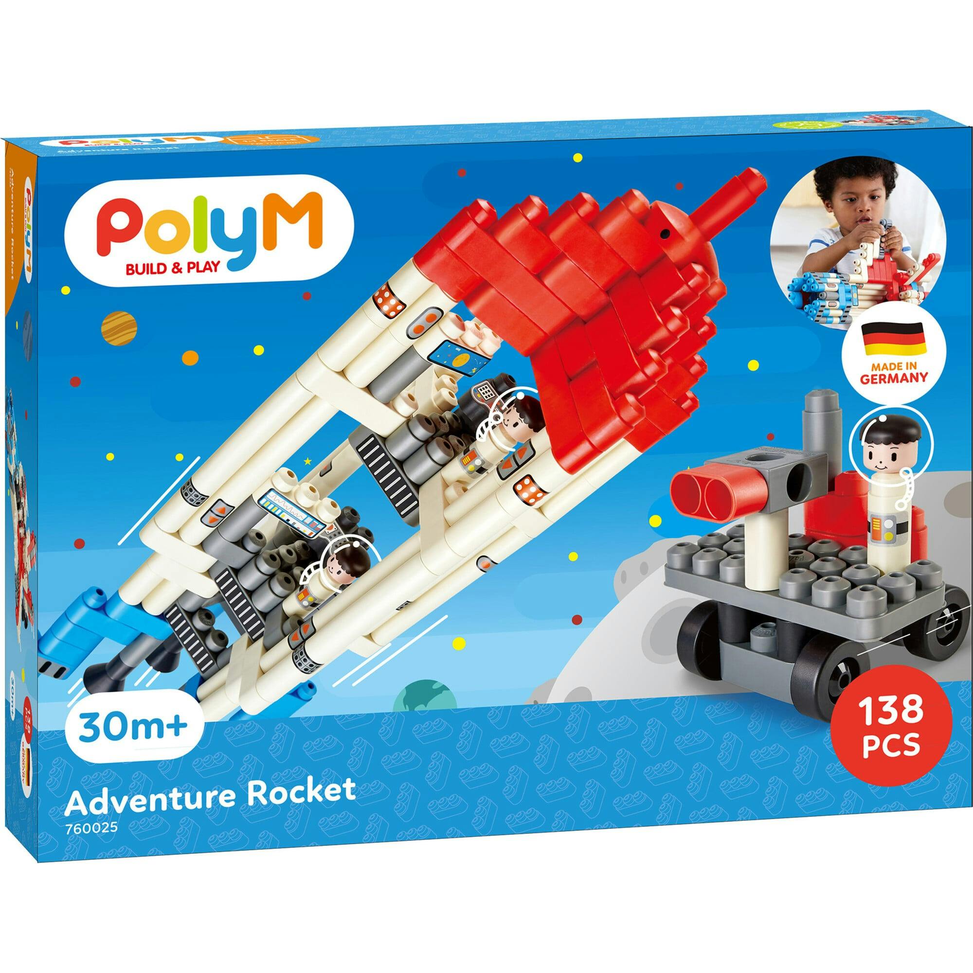 Hape: PolyM: Adventure Rocket&nbsp;- Red-Blue-White - 138pc Building Block Toy Set