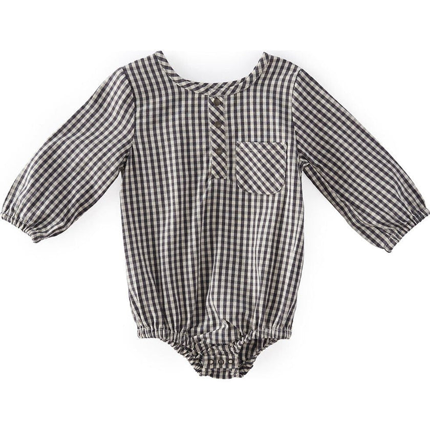 Indigo Gingham Long Sleeve One-Piece, Blue