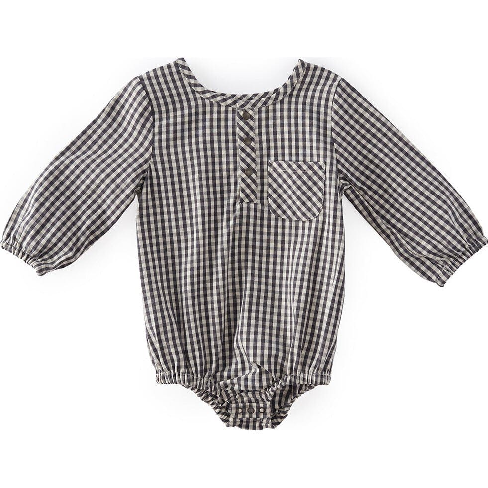 Indigo Gingham Long Sleeve One-Piece, Blue