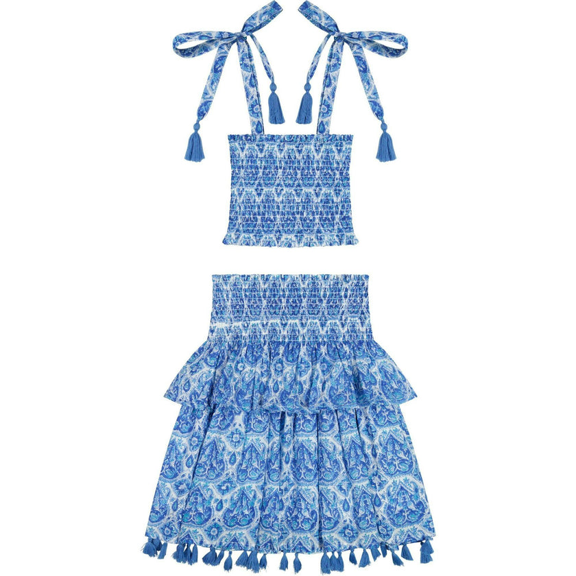 Noelle Girl's Smock Top and Maxi Skirt Set Blue Paisley, Blue
