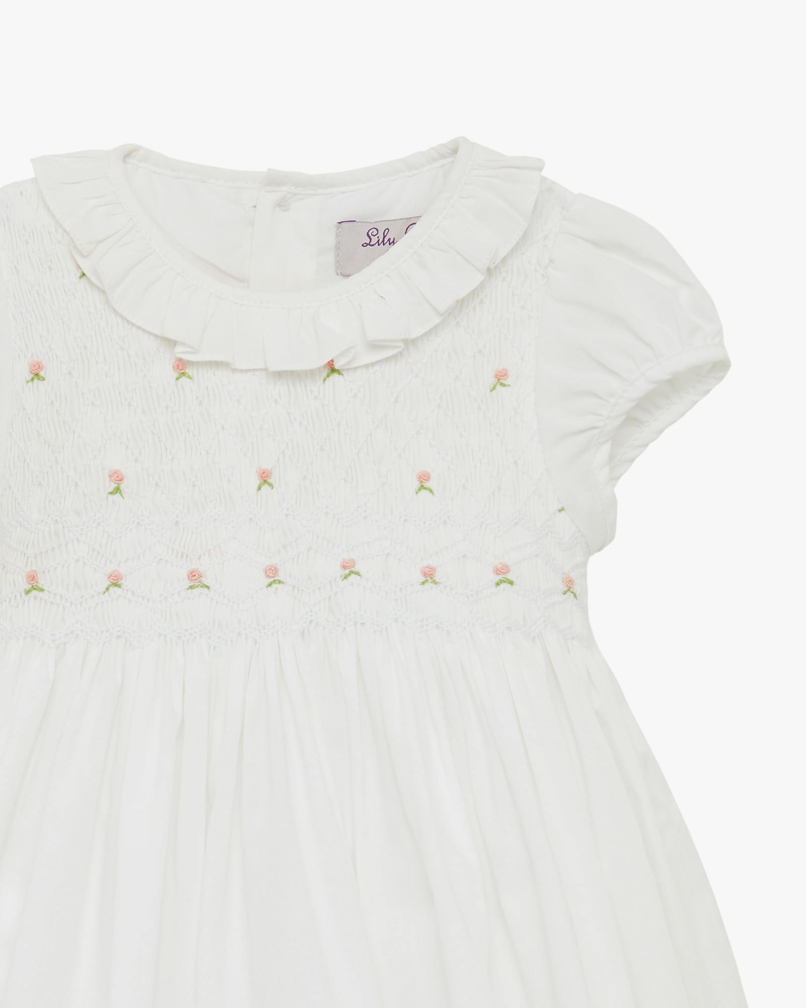 Baby Willow Rose Hand Smocked Dress in White