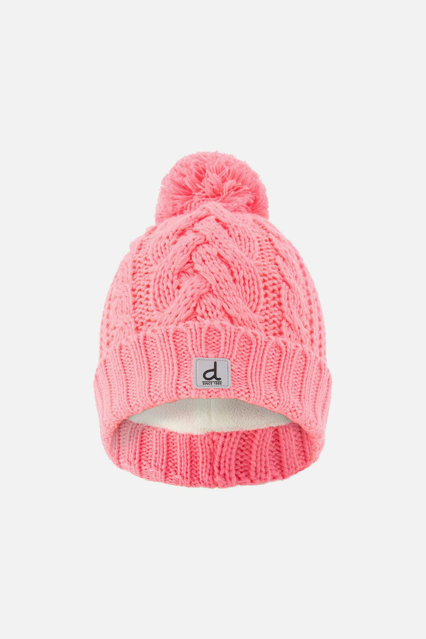 Winter Knit Hat with Pompom Neon Coral