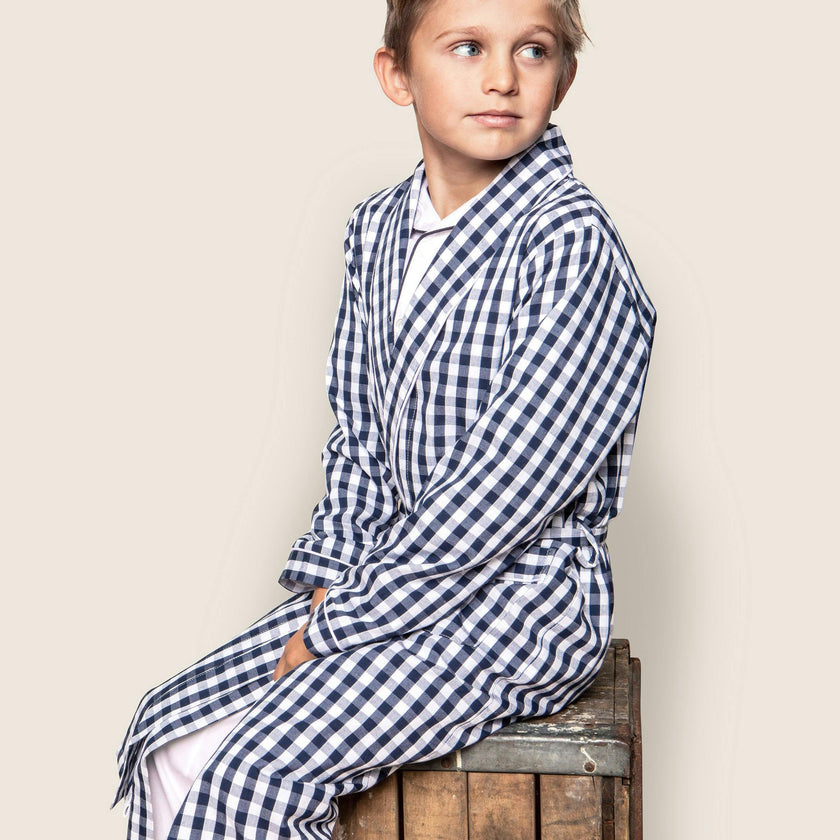 Kid's Twill Robe in Navy Gingham