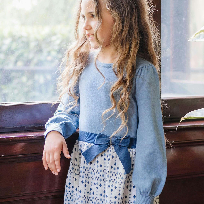 Organic Long Sleeve Skater Sweater Dress with Bow, Blue