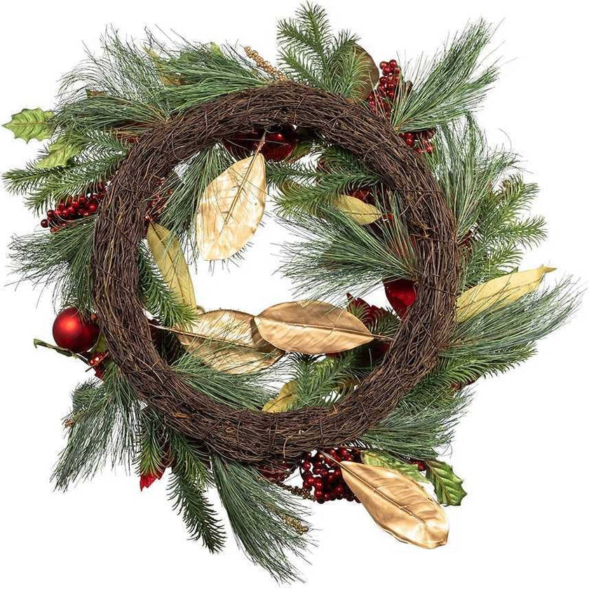 24-Inch Unlit Gold and Red Poinsettia Wreath