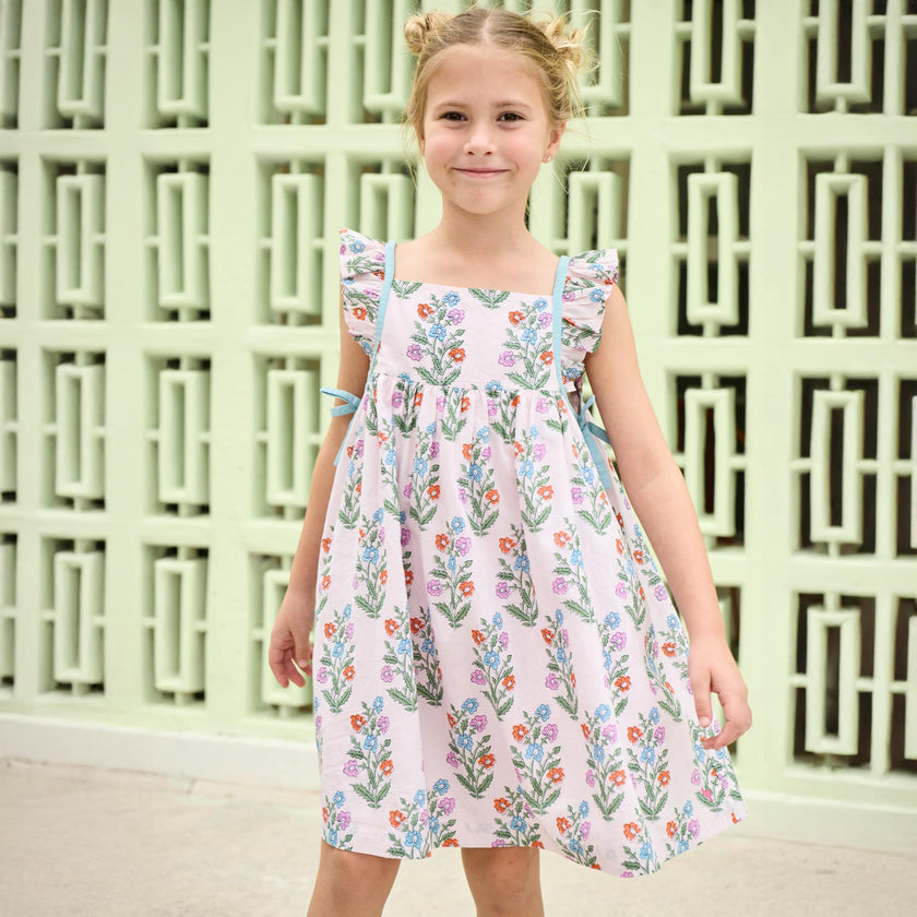 Girls Ailee Dress - Pink Dewdrop Block Print