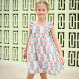 Girls Ailee Dress - Pink Dewdrop Block Print