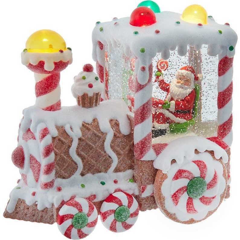 7.5-Inch Battery Operated USB LED Lighted Santa Train Lantern with Spinning Glitter Water.