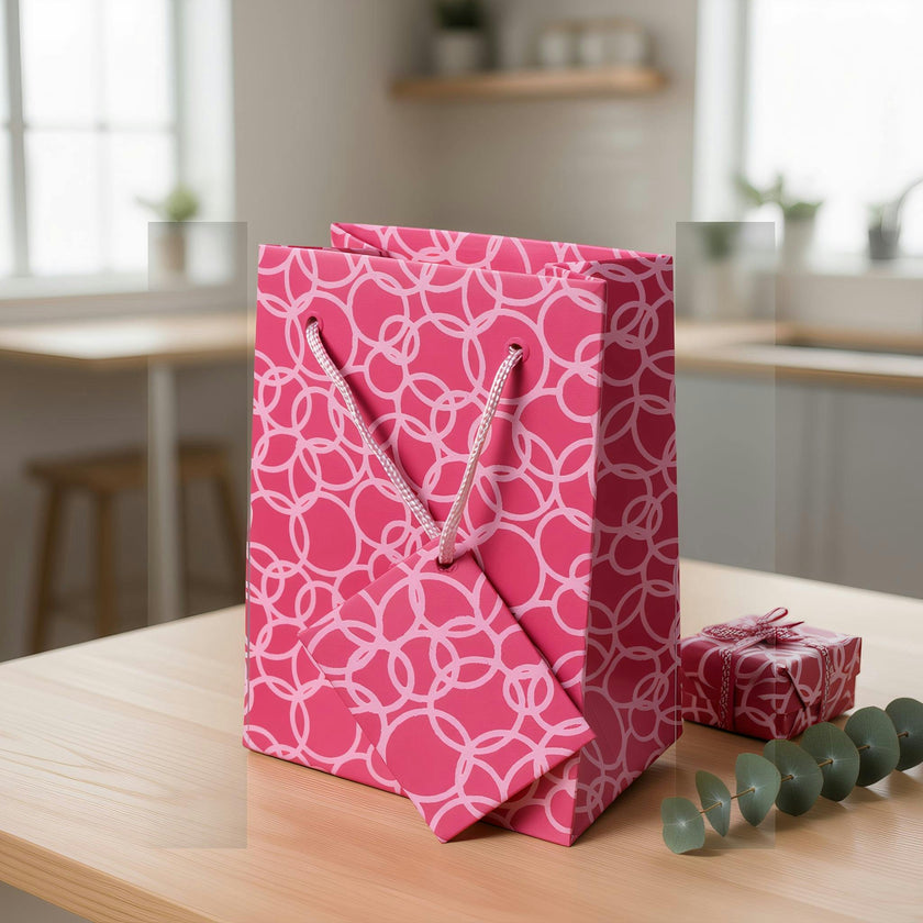 Set of Six Recycled Cotton Gift Bags Tag Pink Circles Design