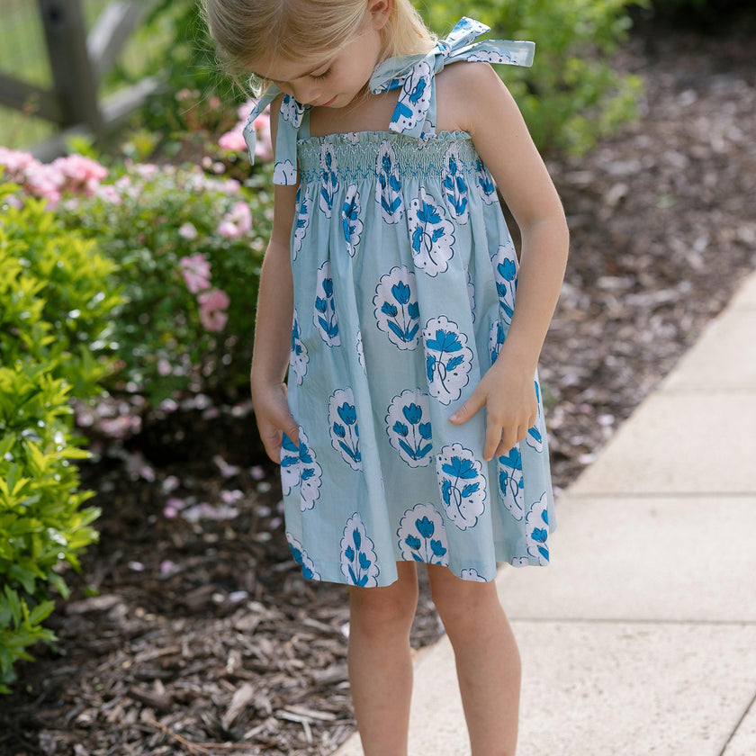 Teatime Dress | Smocked Tie Top | Medallion Flower Blue