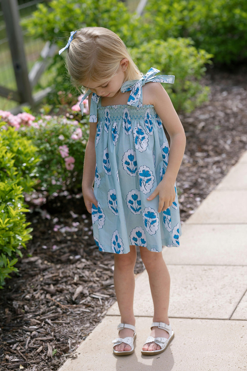 Teatime Dress | Smocked Tie Top | Medallion Flower Blue