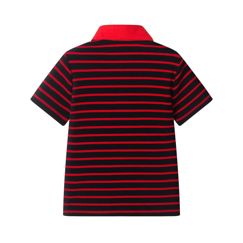 Boys Striped Polo Shirt | T-Rex Heart â€“ Red & Black