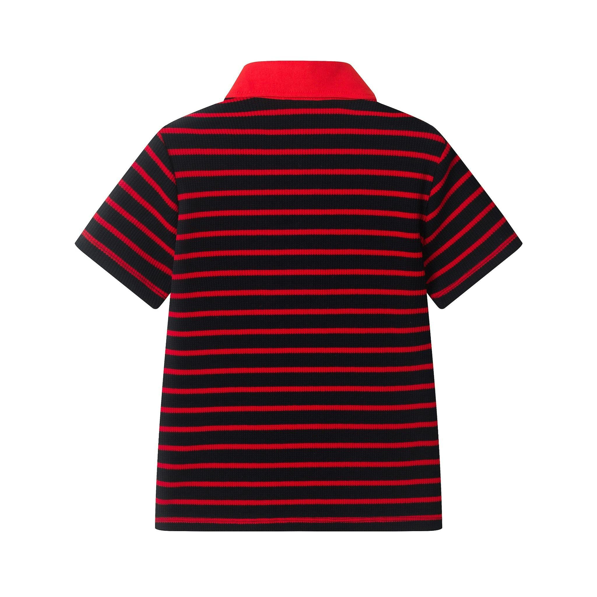 Boys Striped Polo Shirt | T-Rex Heart â€“ Red & Black