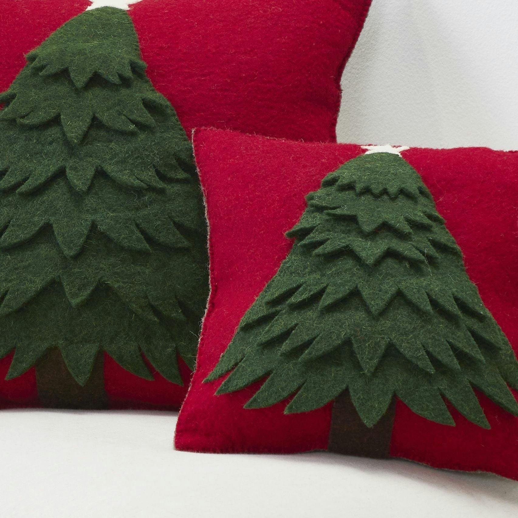 Handmade Christmas Pillow Hand Felted Wool - Tree Red - 20