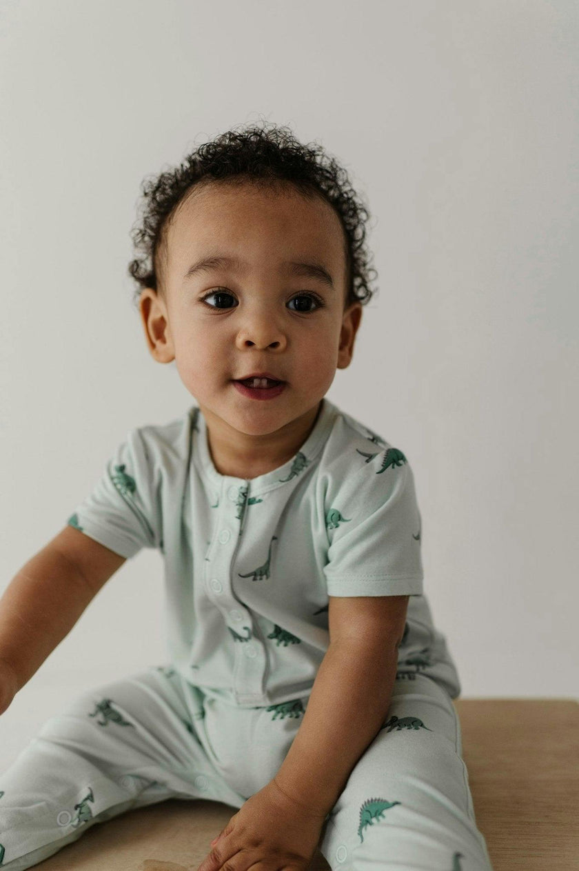 Baby Boy Short Sleeve Henley Romper in Dinosaur