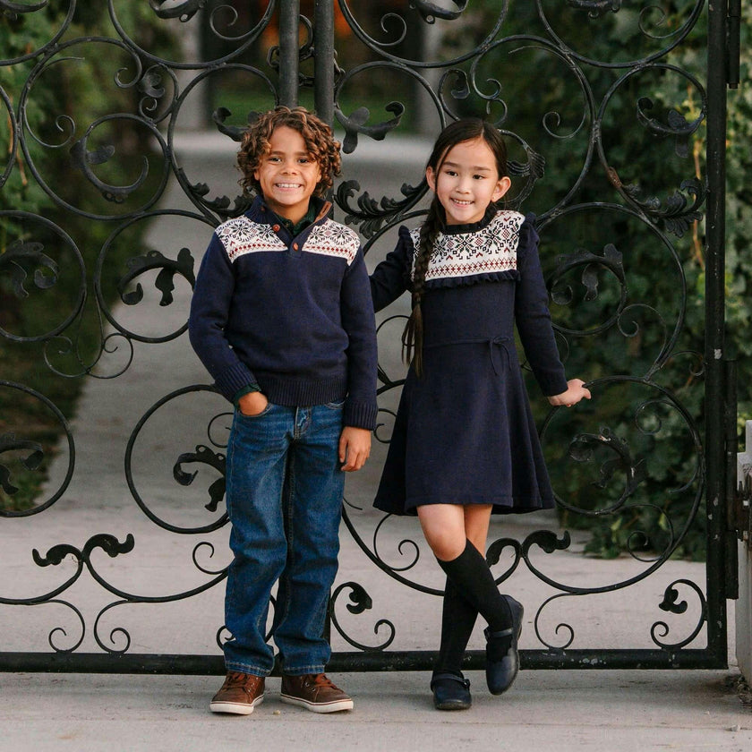 Baby Organic Ruffle Collar Fair Isle Yoke Sweater Dress, Blue