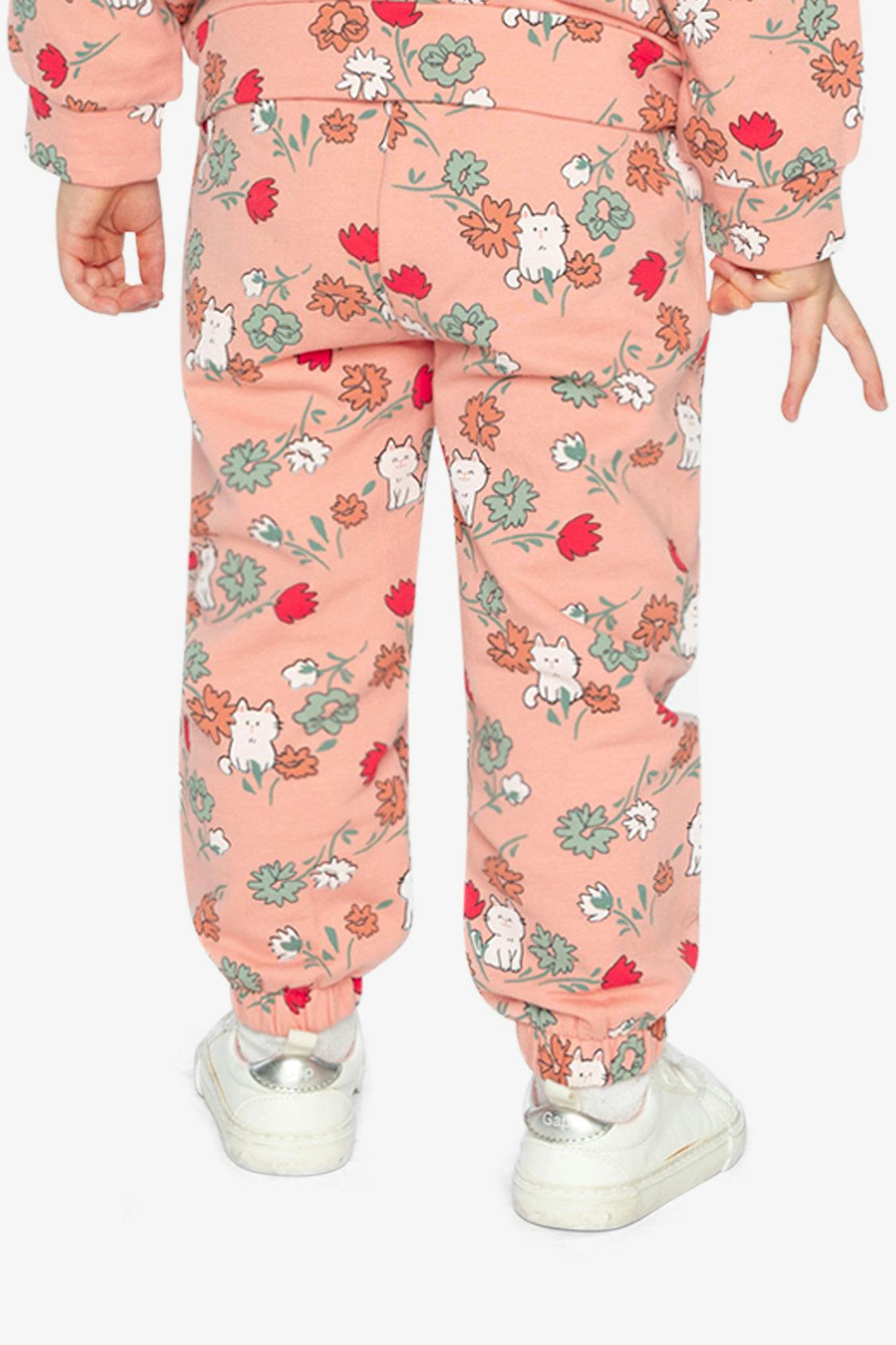 French Terry Sweatpants Pink Cat Print