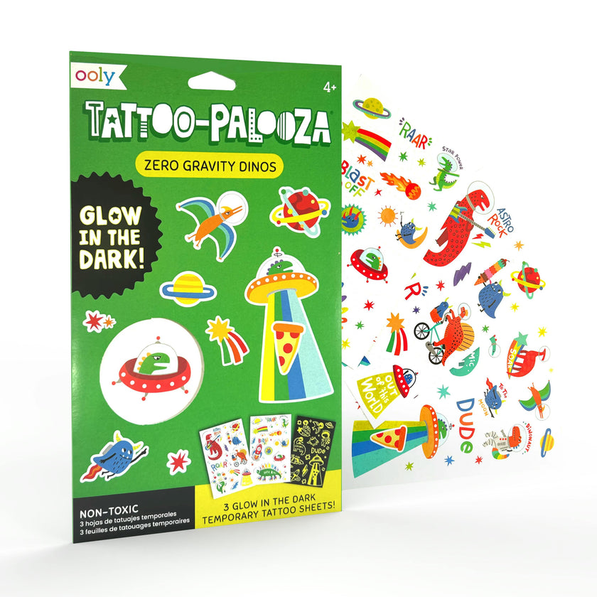 Tattoo-Palooza Glow in the Dark Temporary Tattoos - Zero Gravity Dinos - 3 Sheets