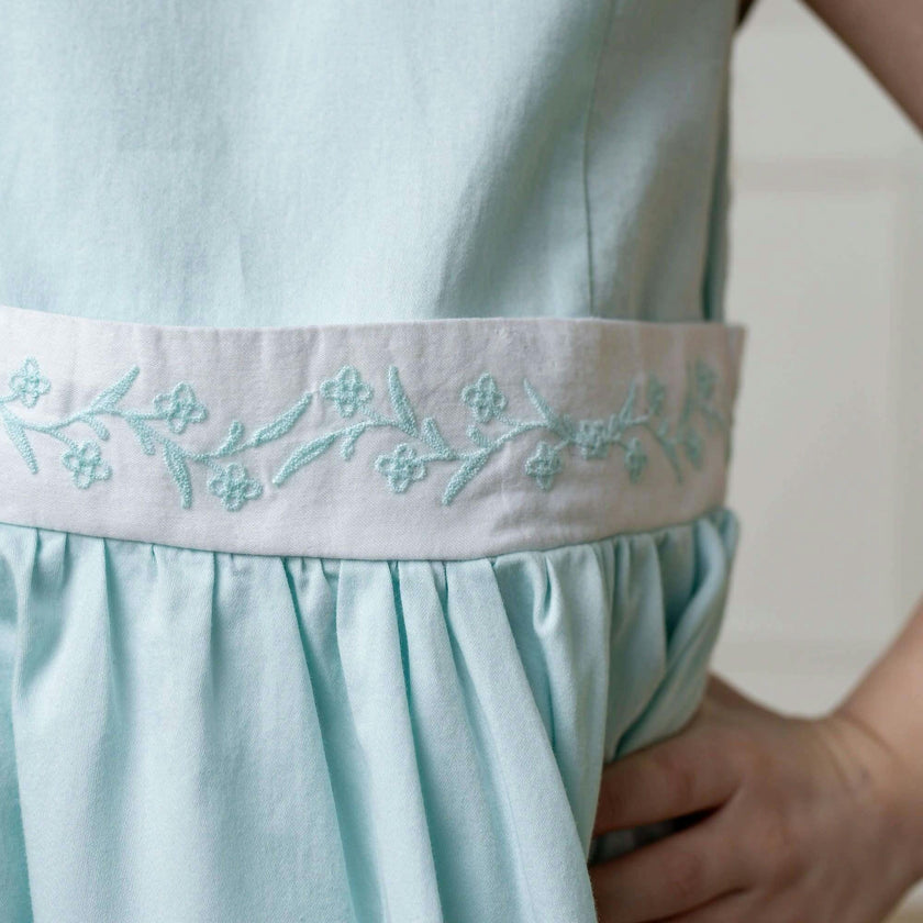 Organic Round Collar Sateen Party Dress with Embroidered Sash
