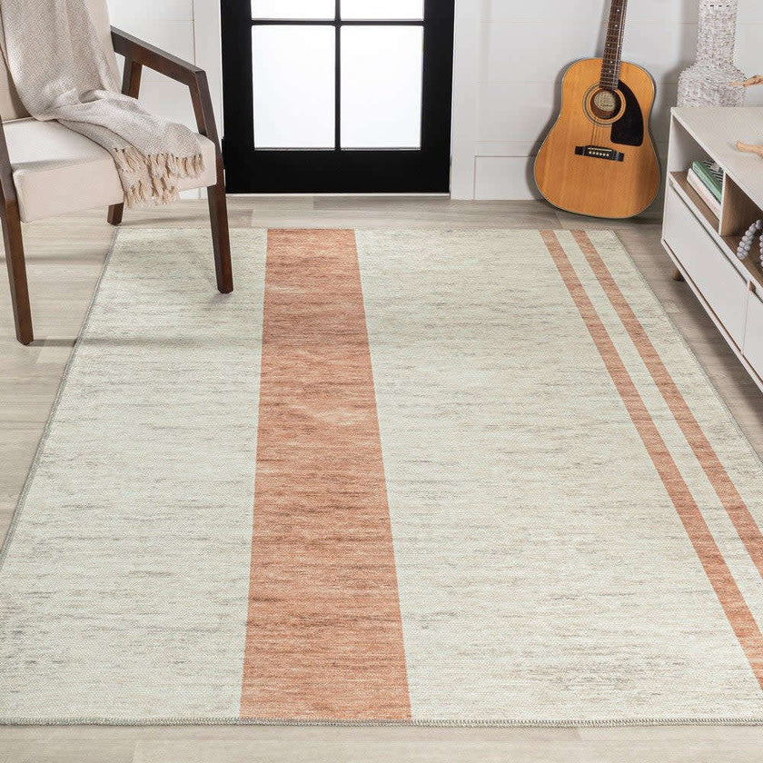Raita Modern Distressed Stripe Machine-Washable Area Rug, White