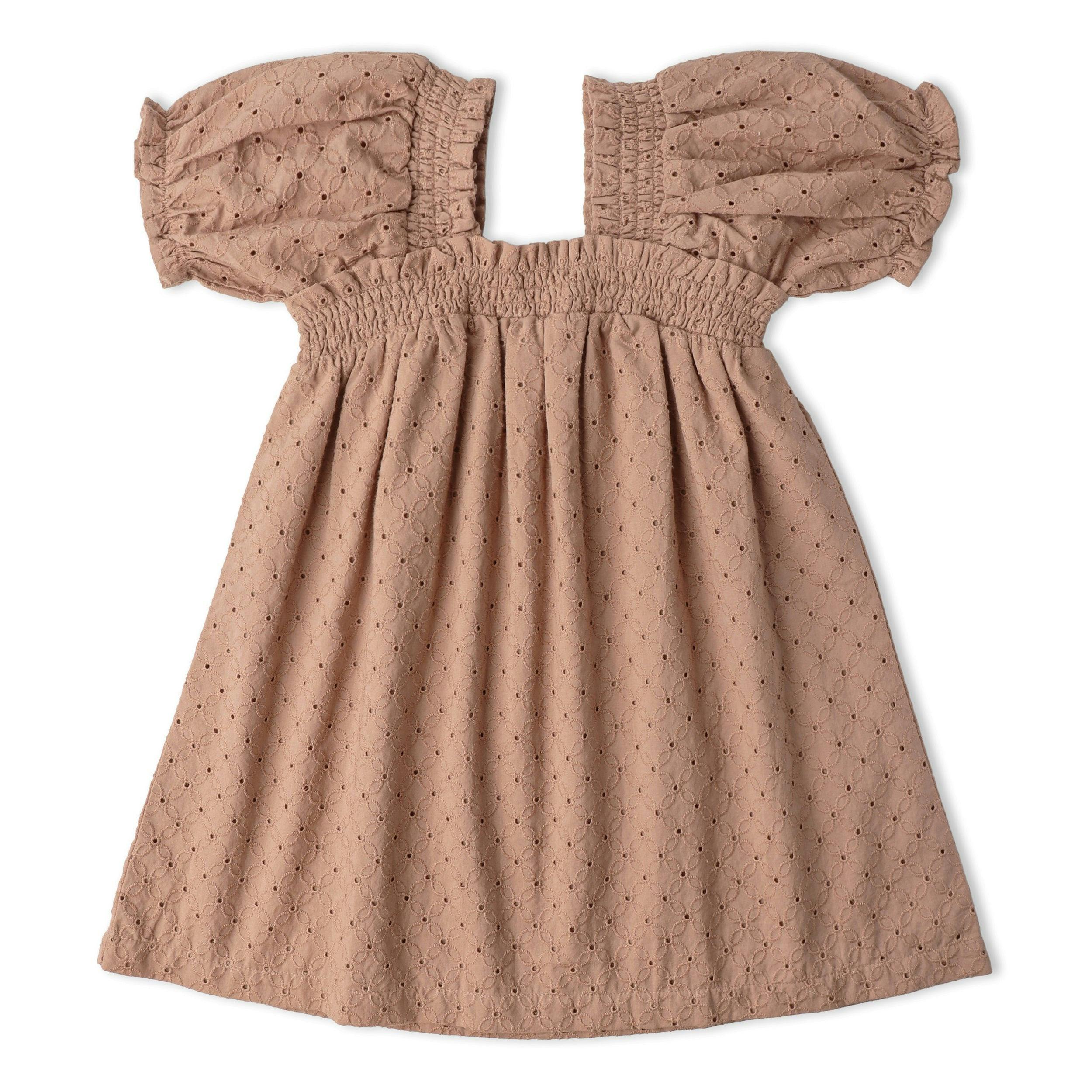 Organic Eyelet Bubble Sleeve Dress - Clay Eyelet