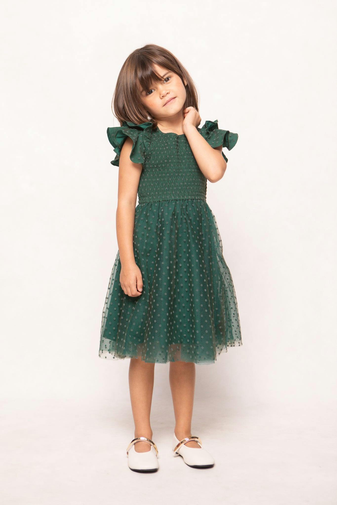 Mini Hattie Dress in Green Flocked Dot Tulle