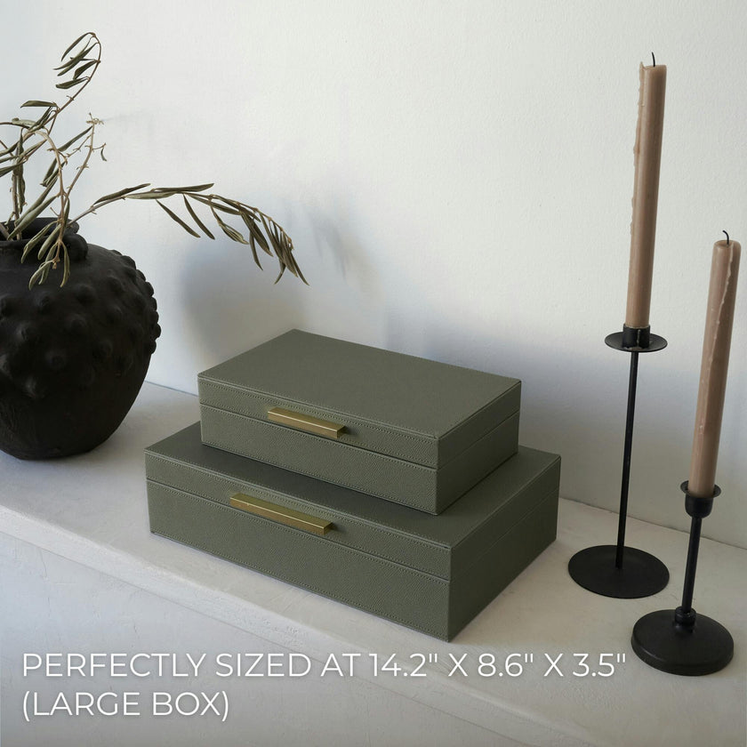 Decorative Storage Boxes with Lids - Set of 2 PU Leather Organizer Bins for Bookshelf Decor - Store Photos, Documents and Memory Box Keepsakes in Style