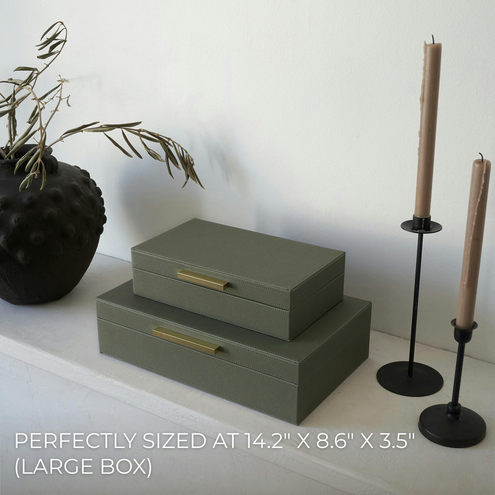Decorative Storage Boxes with Lids - Set of 2 PU Leather Organizer Bins for Bookshelf Decor - Store Photos, Documents and Memory Box Keepsakes in Style