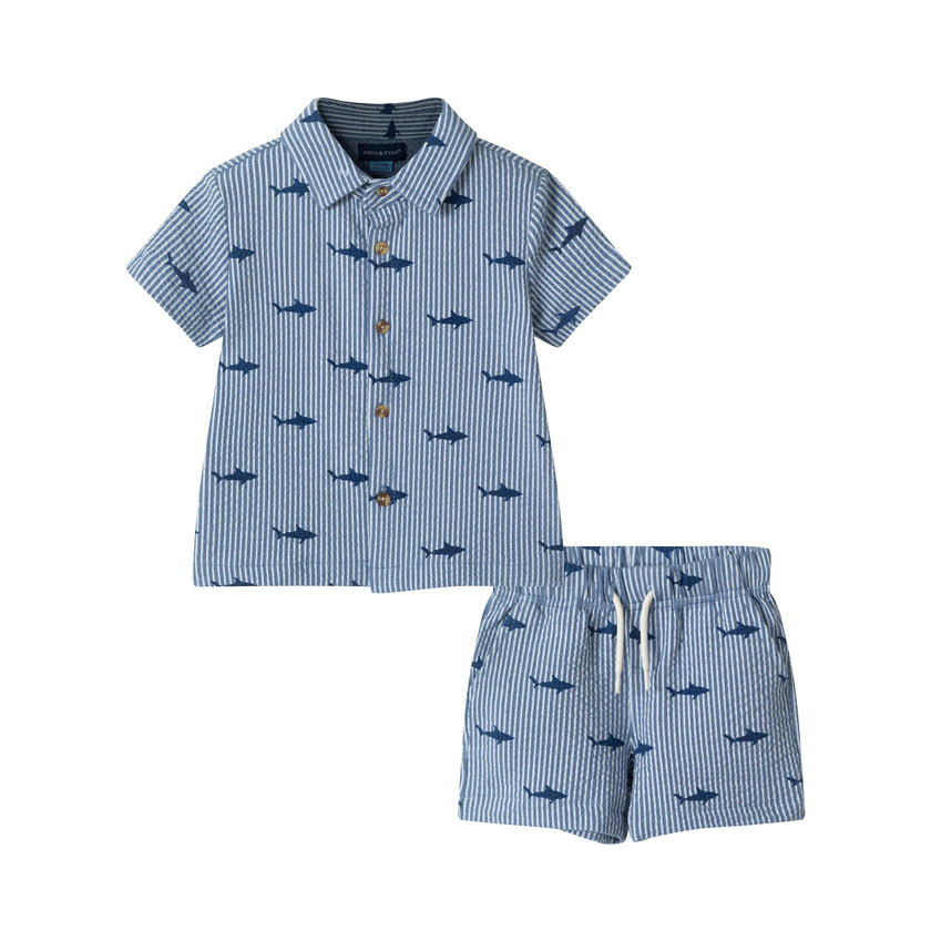 Infant Boys Short Sleeve Cabana Set | Navy Stripe Shark