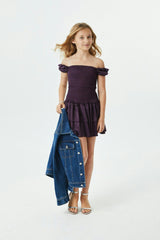 Lexi Aubergine Satin Smocked Short Sleeve Ruffle Dress