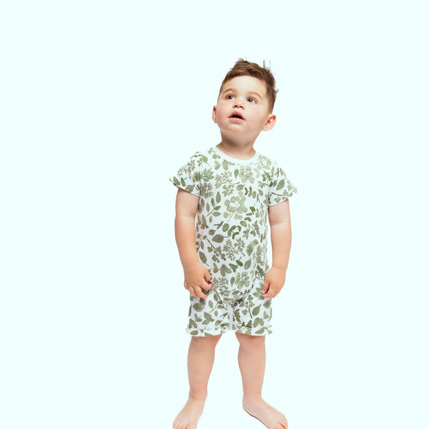Organic Snap Romper in Green Leaves