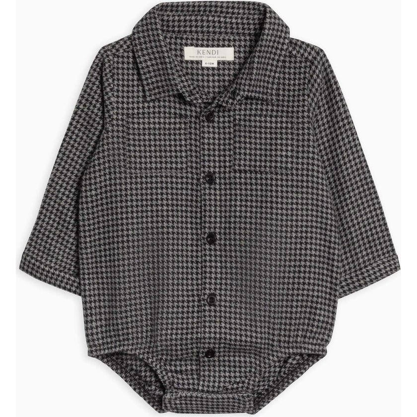 KENDI Carson Flannel Long Sleeve Collared Button Down Bodysuit Houndstooth