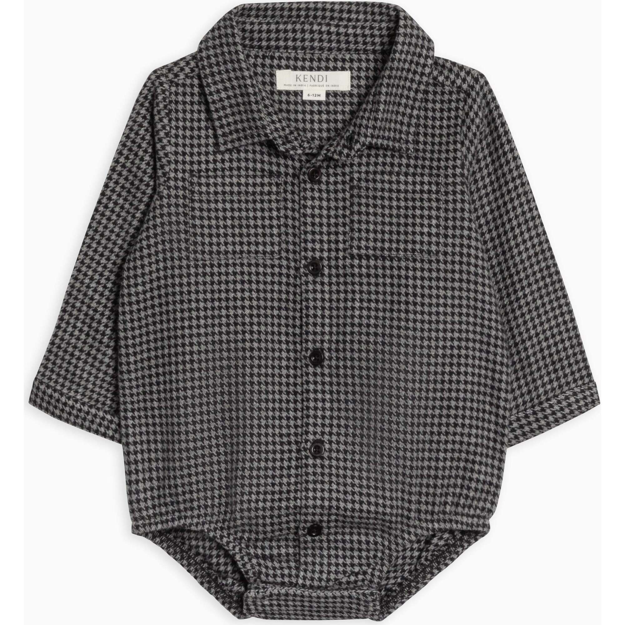 KENDI Carson Flannel Long Sleeve Collared Button Down Bodysuit Houndstooth