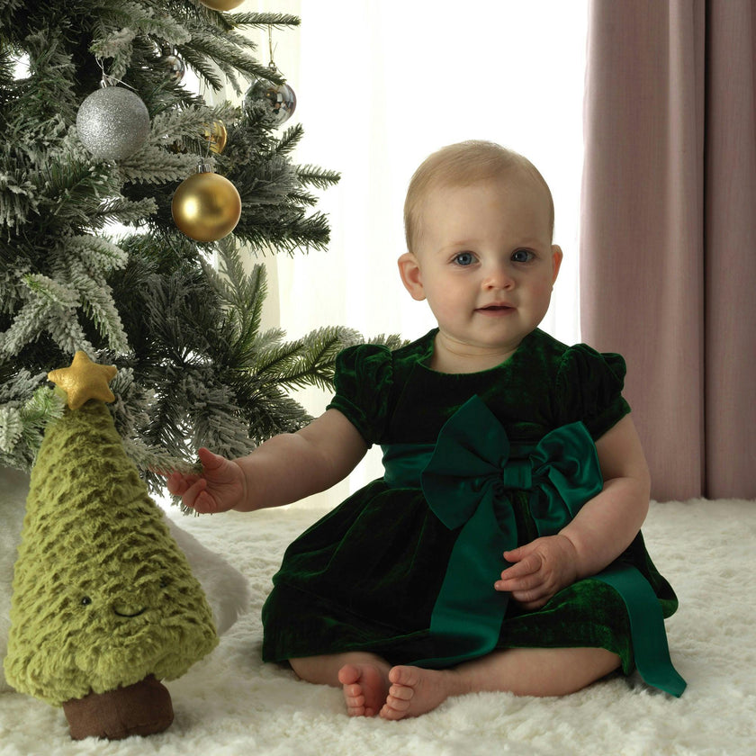 Baby Crushed Velvet Bow Ribbon Tie Short Puff Sleeve Dress